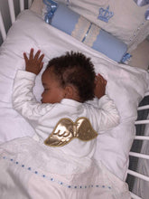 Load image into Gallery viewer, ‘ANGEL’ Pure White Velour Romper / Baby Grow With Gold Wings
