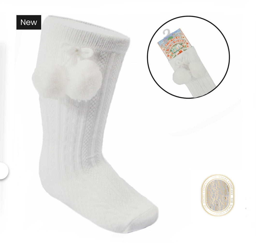 White Knee High Pompom Unisex Socks