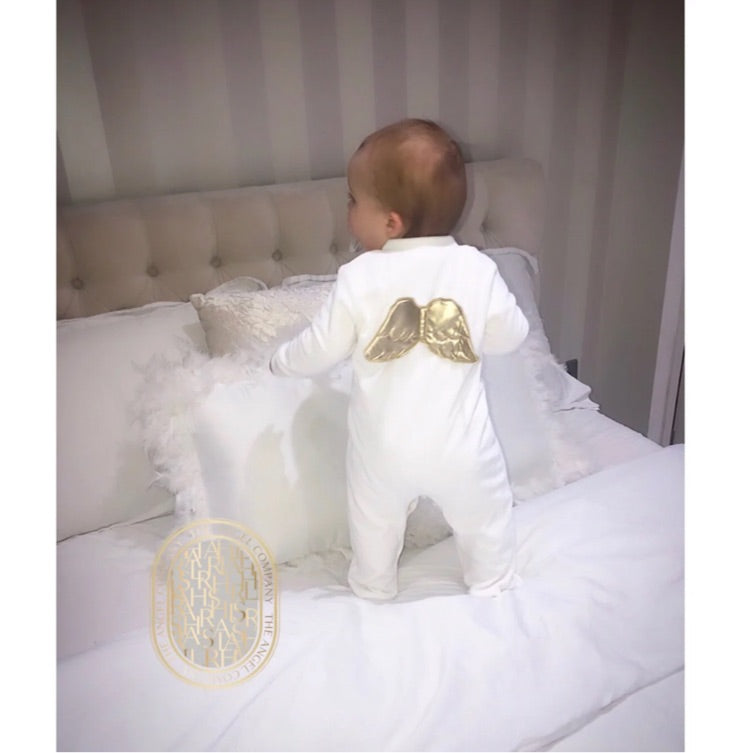 ‘ANGEL’ Pure White Velour Romper / Baby Grow With Gold Wings
